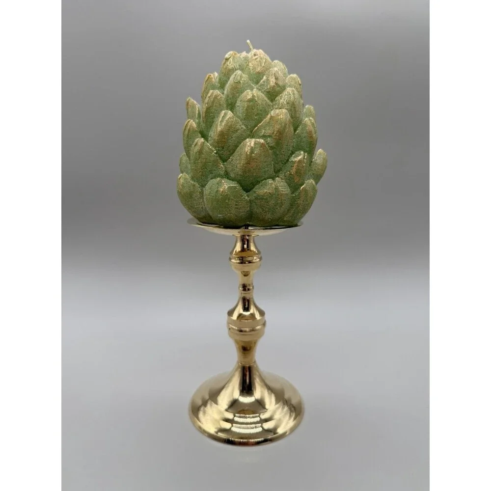 Vtg Brass Pricket Candle Holder Stand + Artichoke Botanical Candle 10.5